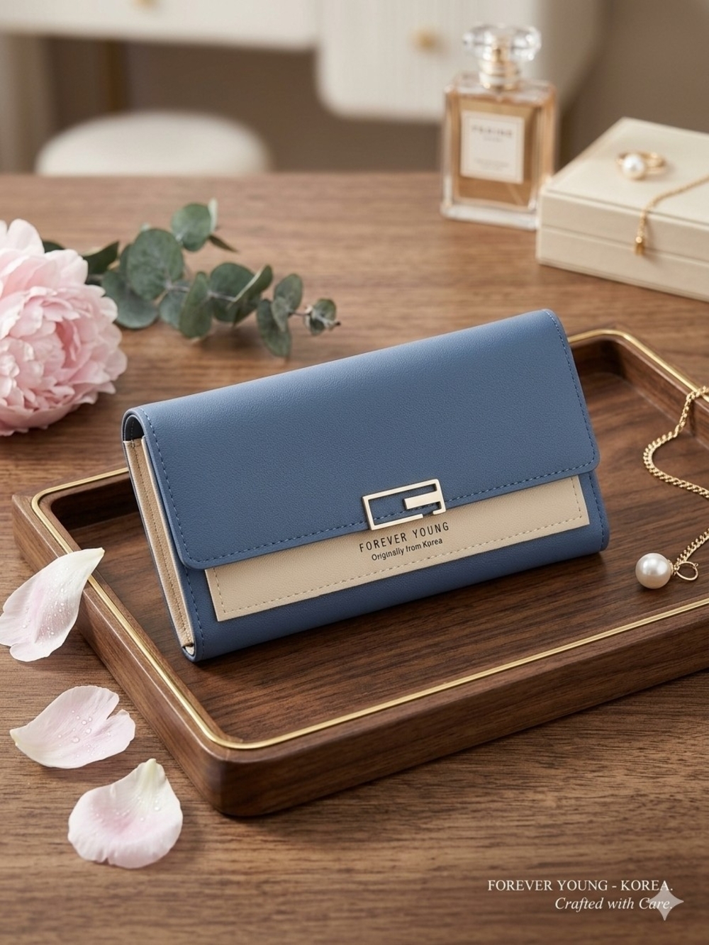 Forever Young Blue and Cream Women's Wallet Clutch with Metal Accent